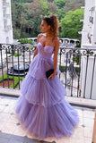 A Line Purple Tulle Long Prom Dresses Layered Evening Formal Dresses PSK361