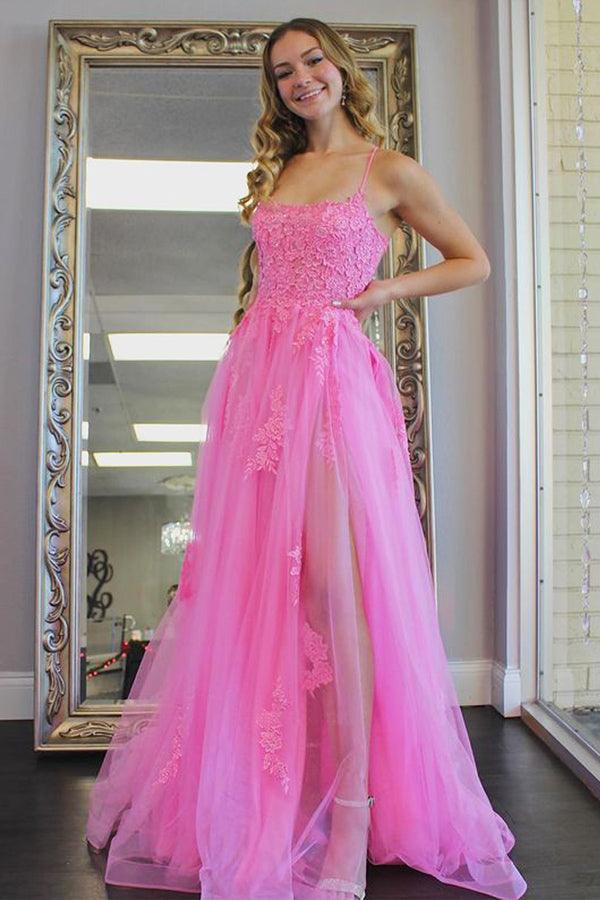 A Line Scoop Neck Hot Pink Tulle Prom Evening Dresses with Split PSK273 - Pgmdress