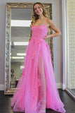 A Line Scoop Neck Hot Pink Tulle Prom Evening Dresses with Split PSK273