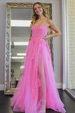 A Line Scoop Neck Hot Pink Tulle Prom Evening Dresses with Split PSK273 - Pgmdress