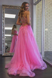 A Line Scoop Neck Hot Pink Tulle Prom Evening Dresses with Split PSK273 - Pgmdress