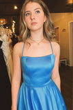 A Line Scoop Neck Spaghetti Straps Blue Satin Long Prom Dress With Slit PSK363 - Pgmdress