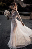 A Line See Through Deep V Neck Long Sleeves Sparkly Wedding Dresses WD569 - Pgmdress