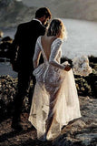 A Line See Through Deep V Neck Long Sleeves Sparkly Wedding Dresses WD569 - Pgmdress