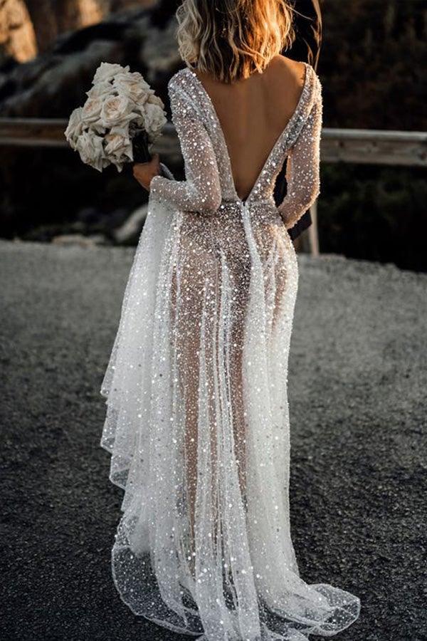 A Line See Through Deep V Neck Long Sleeves Sparkly Wedding Dresses WD569 - Pgmdress