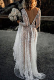 A Line See Through Deep V Neck Long Sleeves Sparkly Wedding Dresses WD569 - Pgmdress
