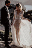 A Line See Through Deep V Neck Long Sleeves Sparkly Wedding Dresses WD569 - Pgmdress