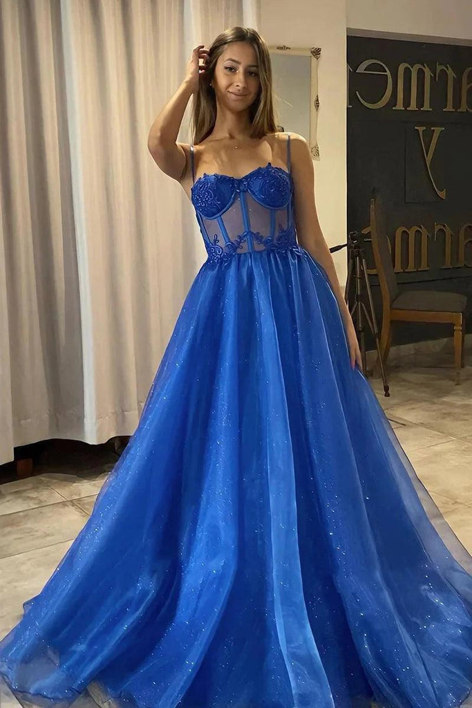 A Line Shiny Royal Blue Tulle Sweetheart Formal Prom Dress PSK404 - Pgmdress