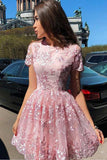 A Line Short Sleeve Lace Short Prom Dress Short Homecoming Dress PD451