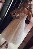 A Line Spaghetti Strap Tea Length Pearl Pink Homecoming Dress With Beading PD349 - Pgmdress