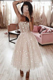A Line Spaghetti Strap Tea Length Pearl Pink Homecoming Dress With Beading PD349 - Pgmdress