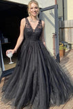 A Line V Neck Black Tulle Prom Dress Black Formal Dress PSK370