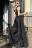 A Line V Neck Black Tulle Prom Dress Black Formal Dress PSK370 - Pgmdress