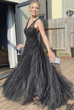 A Line V Neck Black Tulle Prom Dress Black Formal Dress PSK370 - Pgmdress