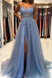A Line V Neck Blue Tulle Long Prom Dresses Formal Dress With Beading  PSK249