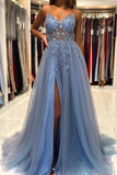 A Line V Neck Blue Tulle Long Prom Dresses Formal Dress With Beading PSK249 - Pgmdress