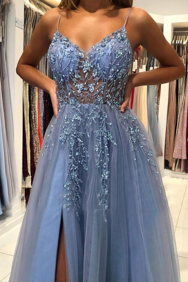 pgmdress Elegant Blue Tulle A Line V Neck Lace Long Prom Dresses Formal Dresses US0 / Custom Color