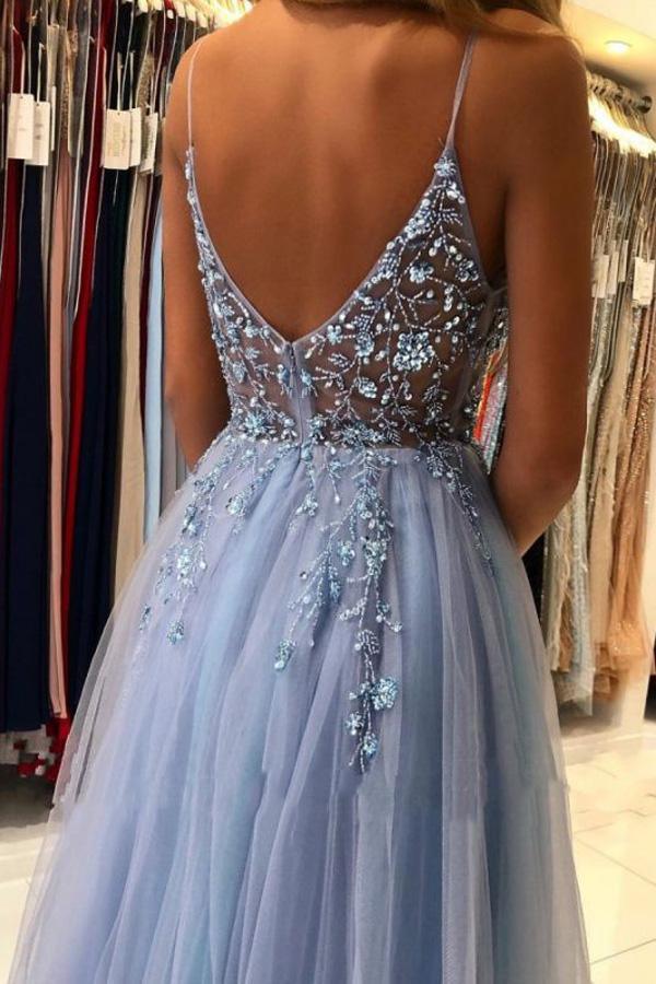 A Line V Neck Blue Tulle Long Prom Dresses Formal Dress With Beading PSK249 - Pgmdress