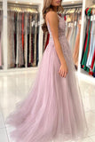 A Line V Neck Blue Tulle Long Prom Dresses Formal Dress With Beading PSK249 - Pgmdress