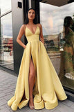 A Line V Neck Gray Red Pink Satin Split Prom/Formal Dresses PSK045 - Pgmdress