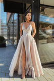A Line V Neck Gray Red Pink Satin Split Prom/Formal Dresses PSK045 - Pgmdress