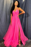 A Line V Neck Hot Pink Tulle Prom Dresses Formal Dresses PSK170 - Pgmdress