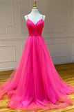 A Line V Neck Hot Pink Tulle Prom Dresses Formal Dresses PSK170 - Pgmdress