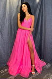 A Line V Neck Hot Pink Tulle Prom Dresses Formal Dresses PSK170 - Pgmdress