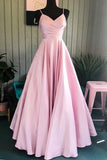 A Line V Neck Pink Spaghetti Straps Satin Prom Dresses Formal Dresses  PSK282