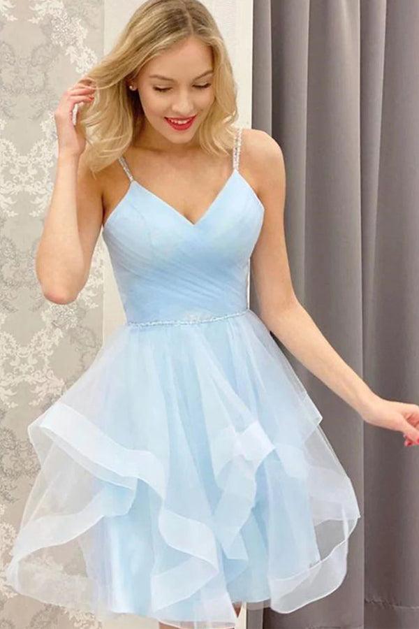 A Line V Neck Short Blue Prom Dresses Tulle Homecoming Dresses PD457 - Pgmdress