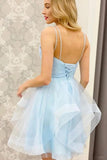 A Line V Neck Short Blue Prom Dresses Tulle Homecoming Dresses PD457 - Pgmdress