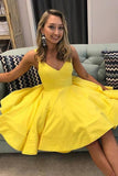 A Line V Neck Short Yellow Prom Dresses Satin Homecoming Dresses PD467