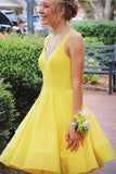 A Line V Neck Short Yellow Prom Dresses Satin Homecoming Dresses PD467 - Pgmdress