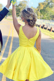 A Line V Neck Short Yellow Prom Dresses Satin Homecoming Dresses PD467 - Pgmdress