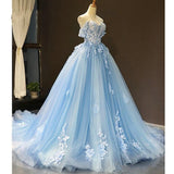 Baby Blue Off Shoulder Prom Dresses 3D Flowers Applique Ball Gowns PSK248 - Pgmdress