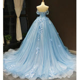 Baby Blue Off Shoulder Prom Dresses 3D Flowers Applique Ball Gowns PSK248 - Pgmdress