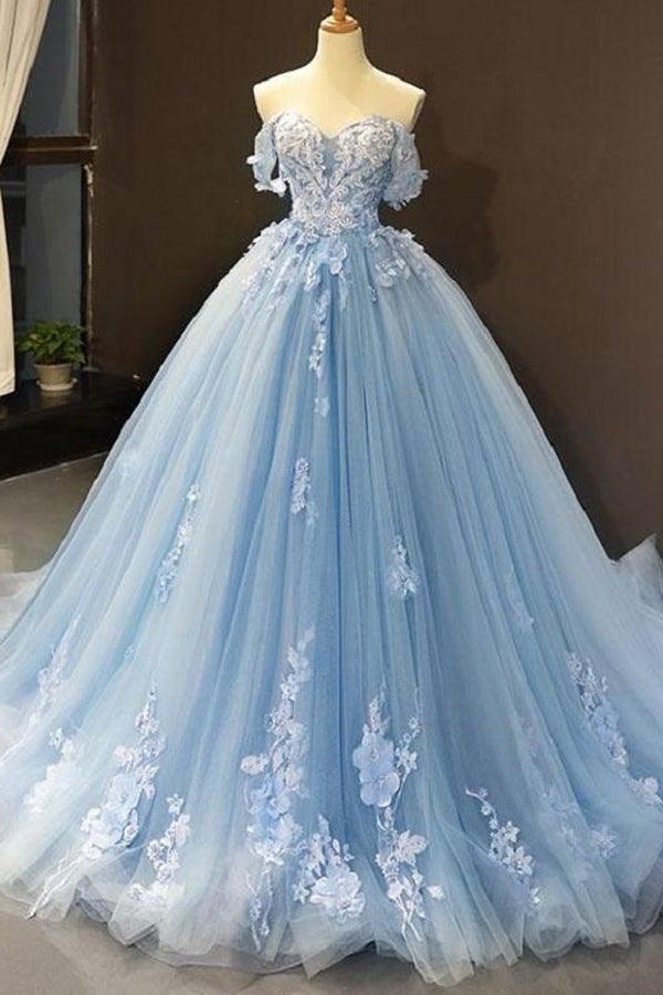 Baby Blue Off Shoulder Prom Dresses 3D Flowers Applique Ball Gowns PSK248 - Pgmdress