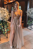 Backless Long A Line Brown Beaded Sweetheart Tulle Prom Dresses PSK344