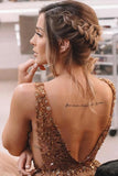 Backless Long A Line Brown Beaded Sweetheart Tulle Prom Dresses PSK344 - Pgmdress