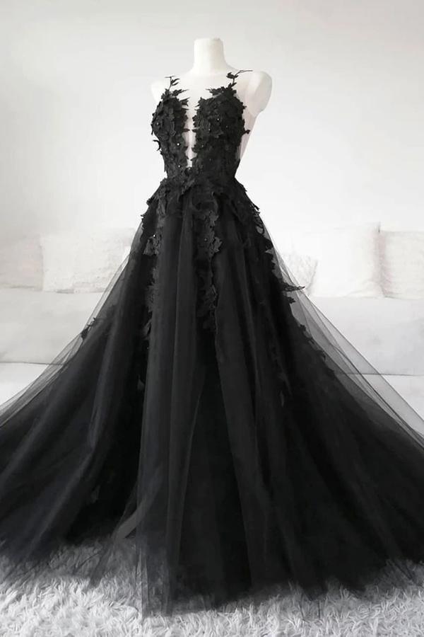 Ball Gown Deep V Neck Black Long Prom Dress with Appliques WD571-Pgmdress