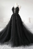 Ball Gown Deep V Neck Black Lace Prom Dresses with Appliques WD571