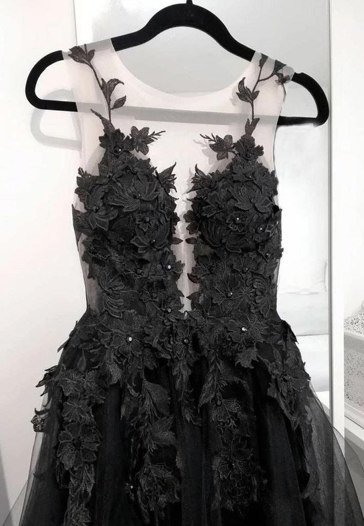 Ball Gown Deep V Neck Black Lace Prom Dresses with Appliques WD571 - Pgmdress