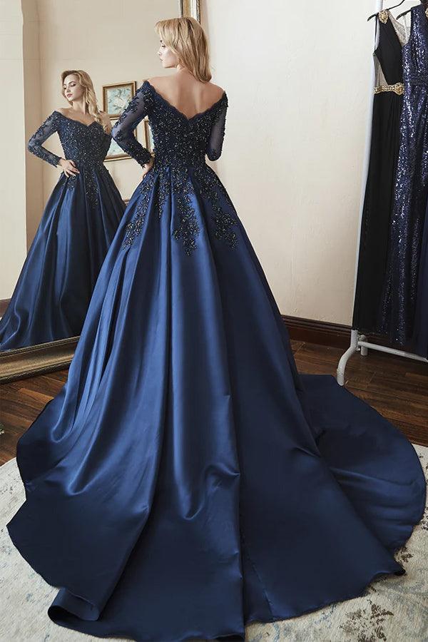 Ball Gown Long Sleeves Off Shoulder Beaded Navy Blue Prom Dress PSK342 - Pgmdress