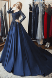 Ball Gown Long Sleeves Off Shoulder Beaded Navy Blue Prom Dress PSK342 - Pgmdress