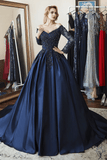 Ball Gown Long Sleeves Off Shoulder Beaded Navy Blue Prom Dress PSK342 - Pgmdress