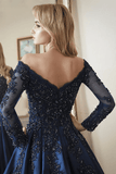 Ball Gown Long Sleeves Off Shoulder Beaded Navy Blue Prom Dress PSK342 - Pgmdress