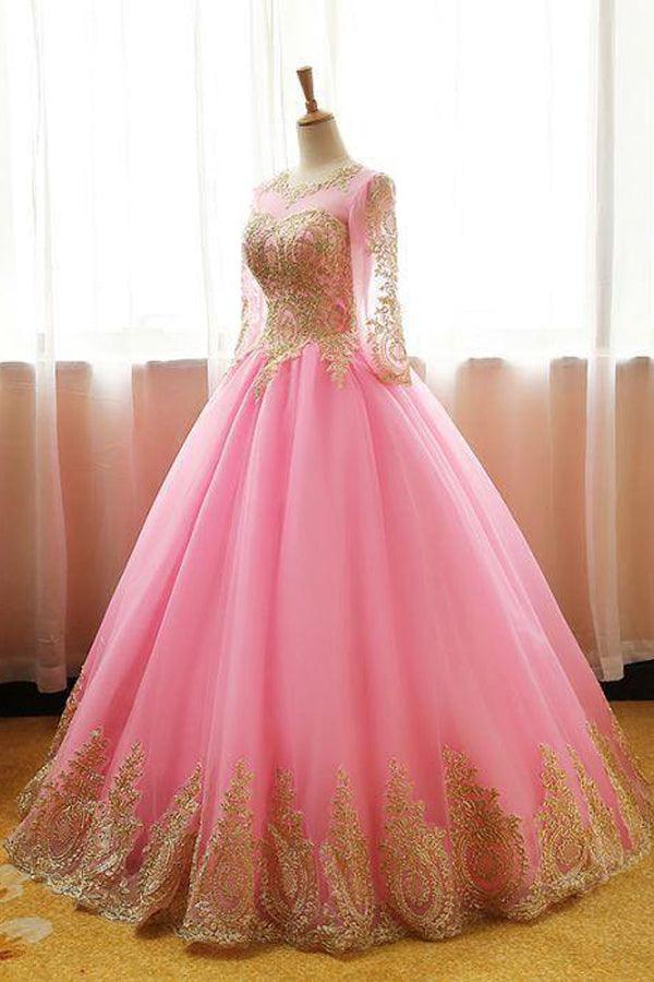 Ball Gowns Scoop Pink Tulle Applique Modest Long Prom Dress Evening Dress PSK061 - Pgmdress