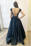 Black A Line Satin Open Black Cap Sleeves Long Prom Dresses PSK373 - Pgmdress