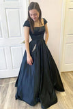 Black A Line Satin Open Black Cap Sleeves  Long Prom Dresses PSK373
