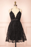 Black Lace Straps A-line Short Party Dress Lace Homecoming Dresses PD466
